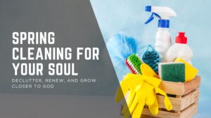 words in white with a box of cleaning supplies